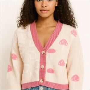 Simply Southern Cardigan Womens Large Cream Pink Mushroom Textured Logo Knit